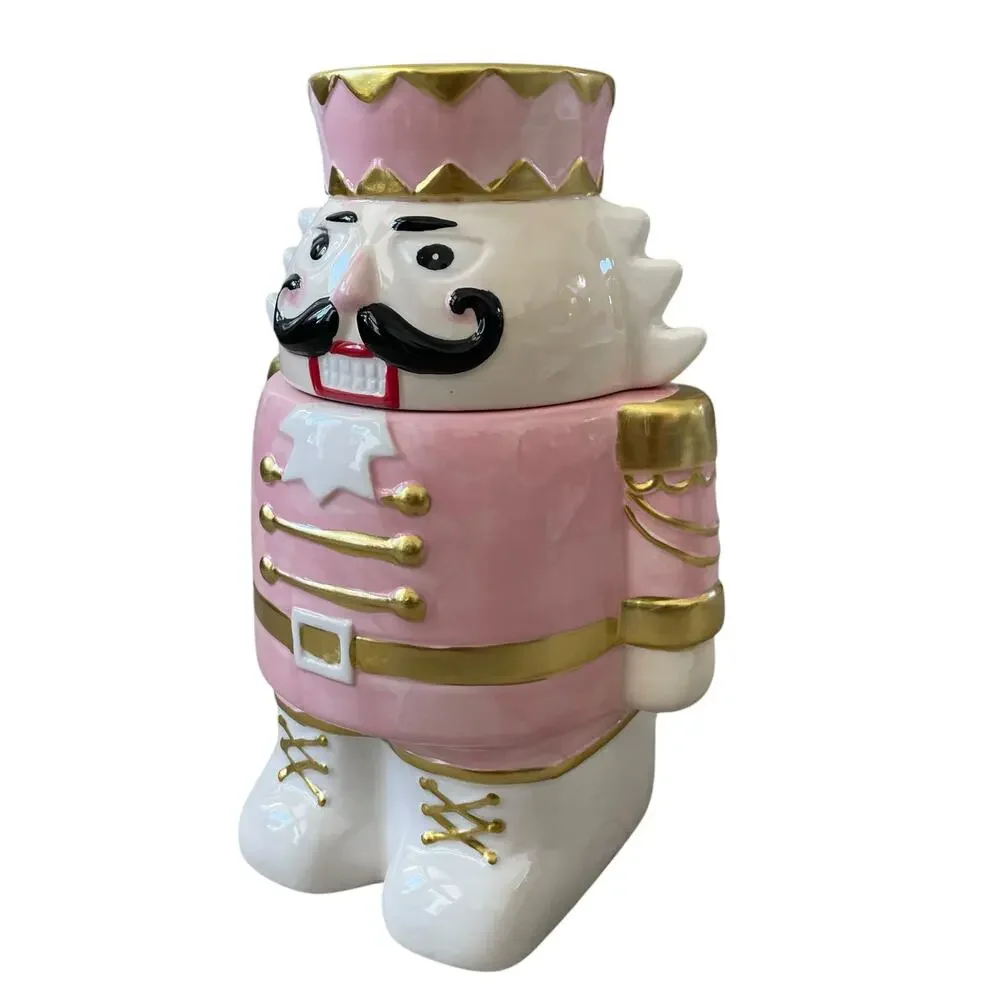 NEIMAN MARCUS Pink Nutcracker Cookie Jar In Holiday Gift Box NEW